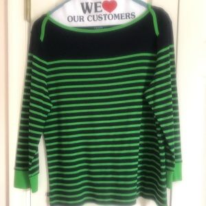 Navy and green stripped shirt.